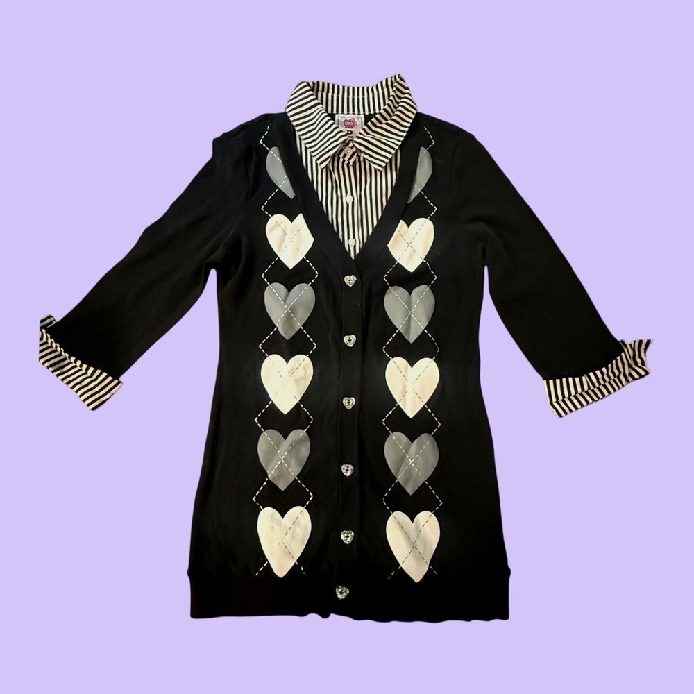 Y2K Beautee Cardigan Layered Striped Shirt Rhinestone Scene Preppy #18